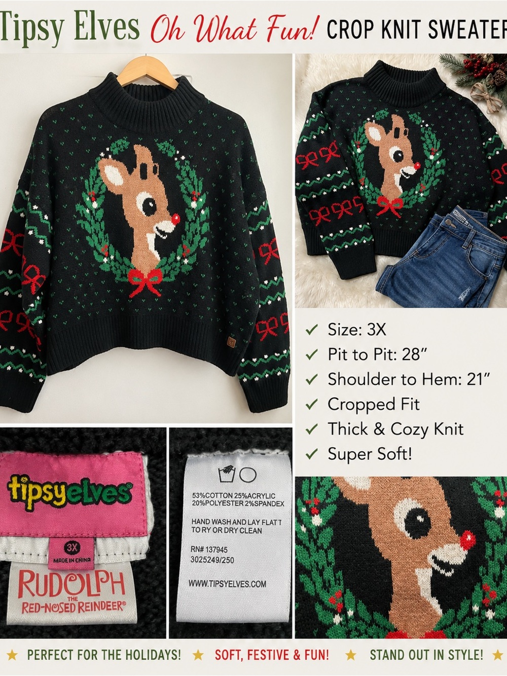 Tipsy Elves Black Rudolph Crop Knit Turtleneck Sweater with Green & Red Accents